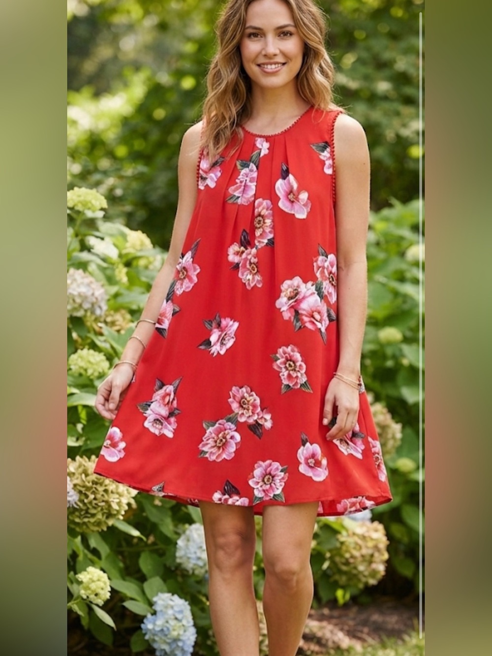 Umgee Red Pom-Trim Sleeveless Dress